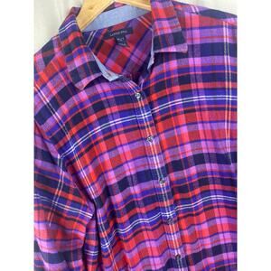 Lands End Plaid Flannel Shirt Womens sz XL/T 18 Purple/Red Flip Cuff Button